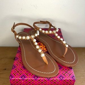 Tory Burch Brown Sandals with Pearl Accents
